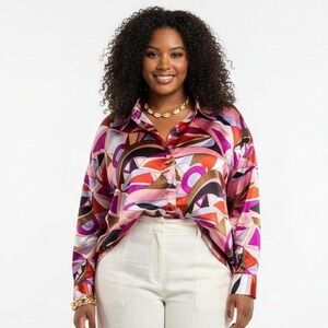 Rouge Collection Abstract Button Down Top Size 3X Multicolor Coastal Colorful